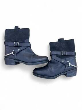 Franco Sarto Beacon Black Leather and Suede Harness Moto Boots